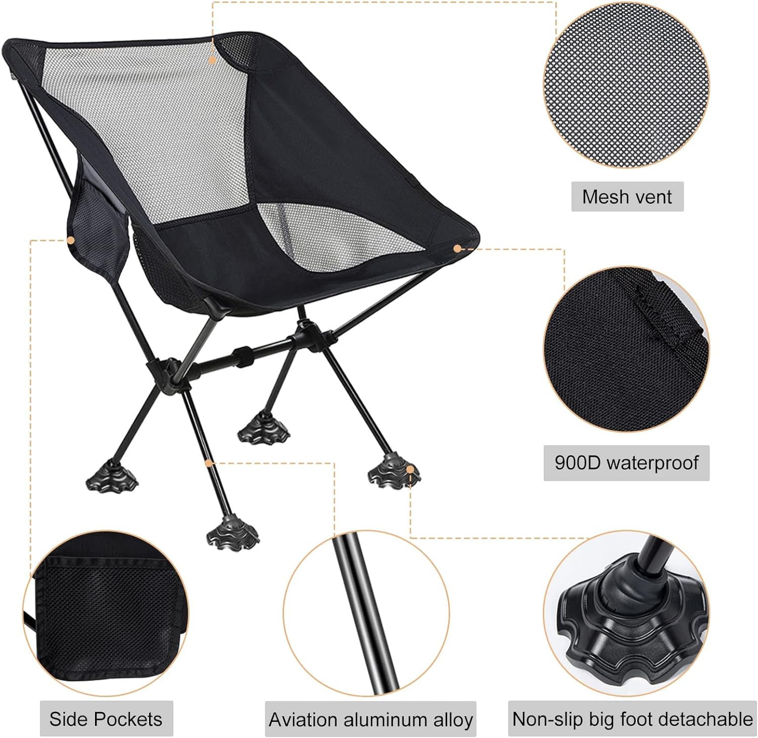 Portable Camping Chair Backpacking Chair With Anti-Slip Large Feet And Carry Bag For Outdoor Camp Hiking Capacity 220 Lbs